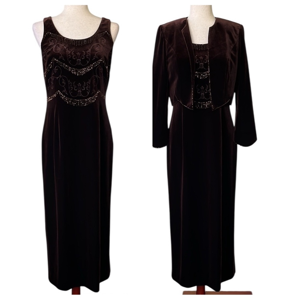 Adrianna Papell Occasions Brown Velvet Dress with Cardigan Embroidered Beaded